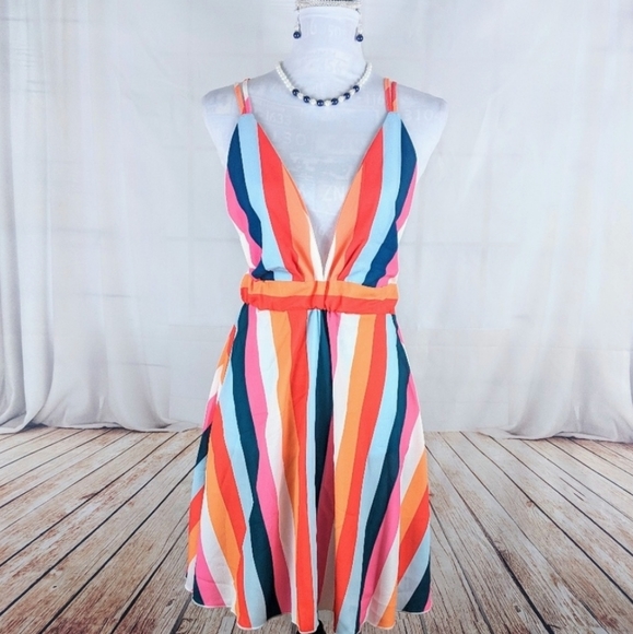 New Summer Rainbow Striped Plunge Mini Dress - Picture 14 of 14